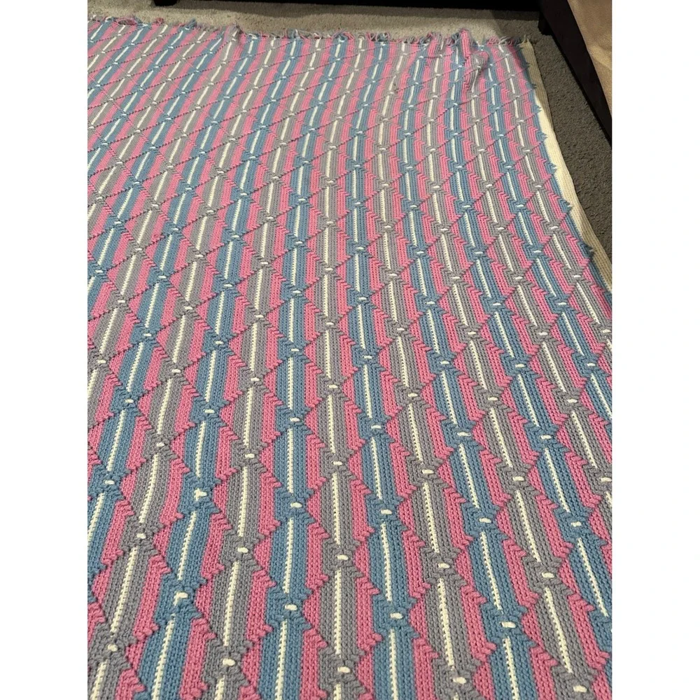 Handmade Crochet Blanket Throw Pink Blue Gray White Striped‎ Afghan Cottage